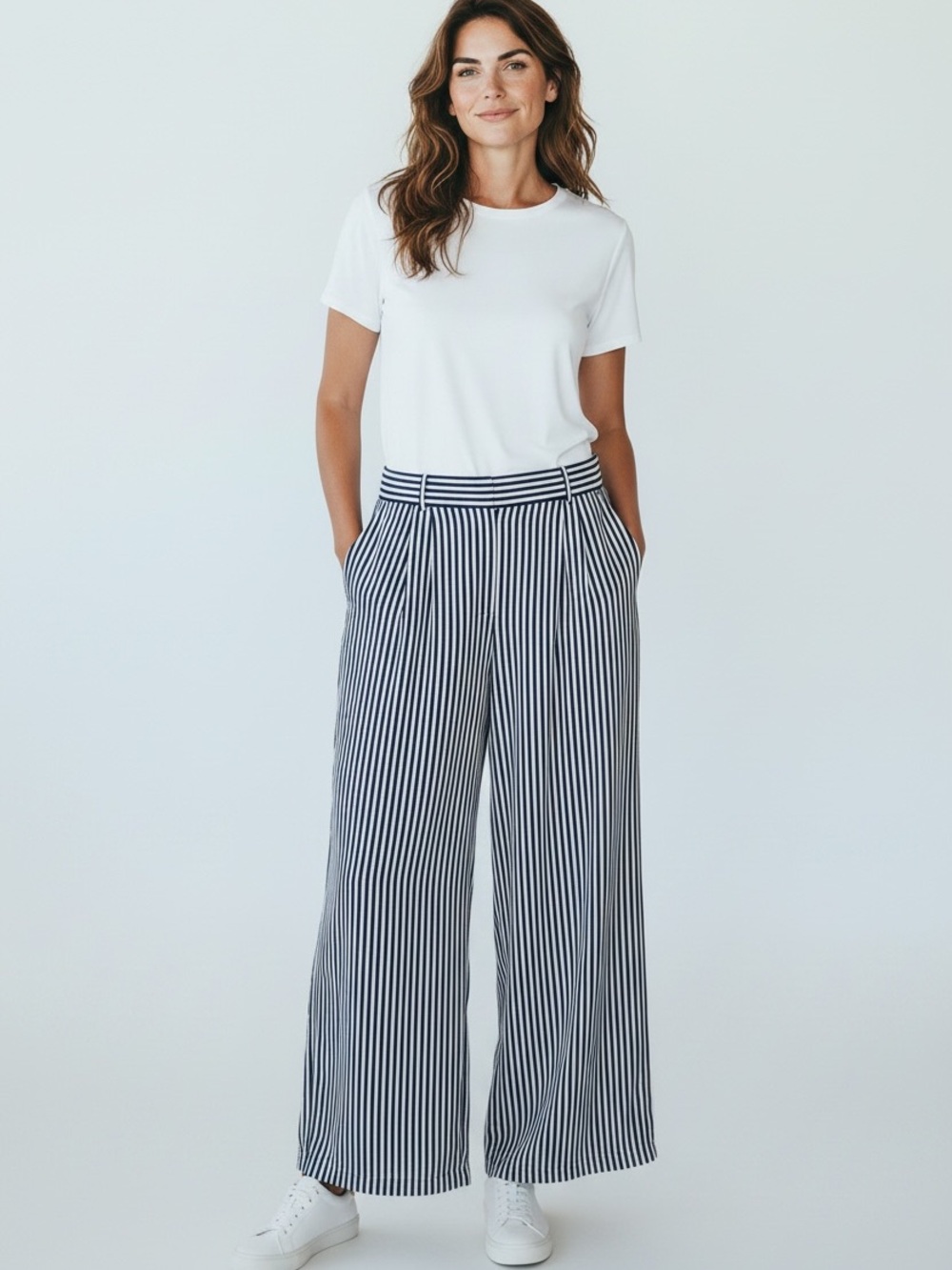 MICHAEL Michael Kors Navy and White Vertical-Stripe Wide-Leg Pants